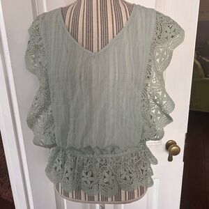 Cottage core  Lace Trimmed Green Top boho women’s lace elastic waist T324